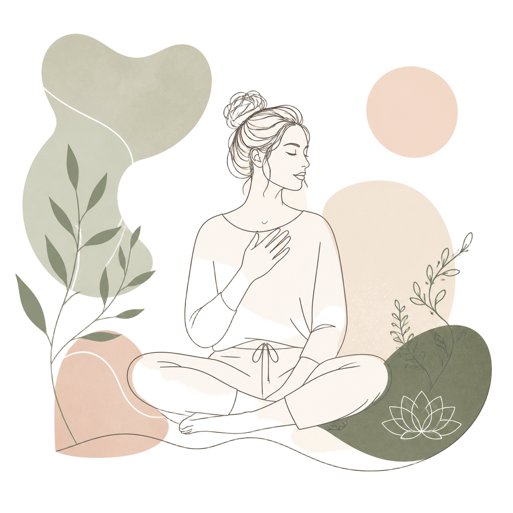 Line illustration of a woman sitting calmly in reflection among leaves